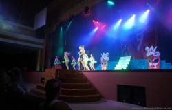 Female dancers strut on stage at Performers on stage in cat costumes at Gran Bahia Principe Akumal theater show.jpg